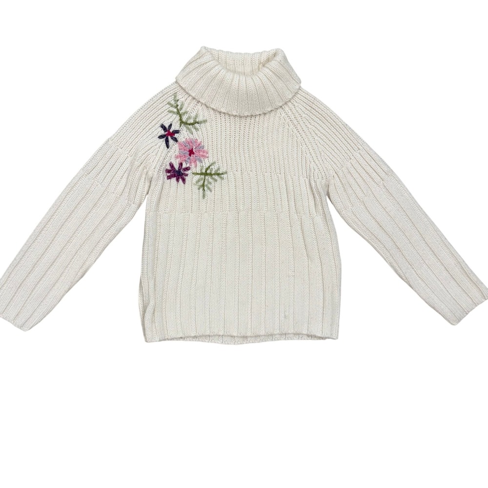Vintage 2002 Gymboree Girls Size 7 Cream Turtleneck Sweater Floral Ribbon Y2K